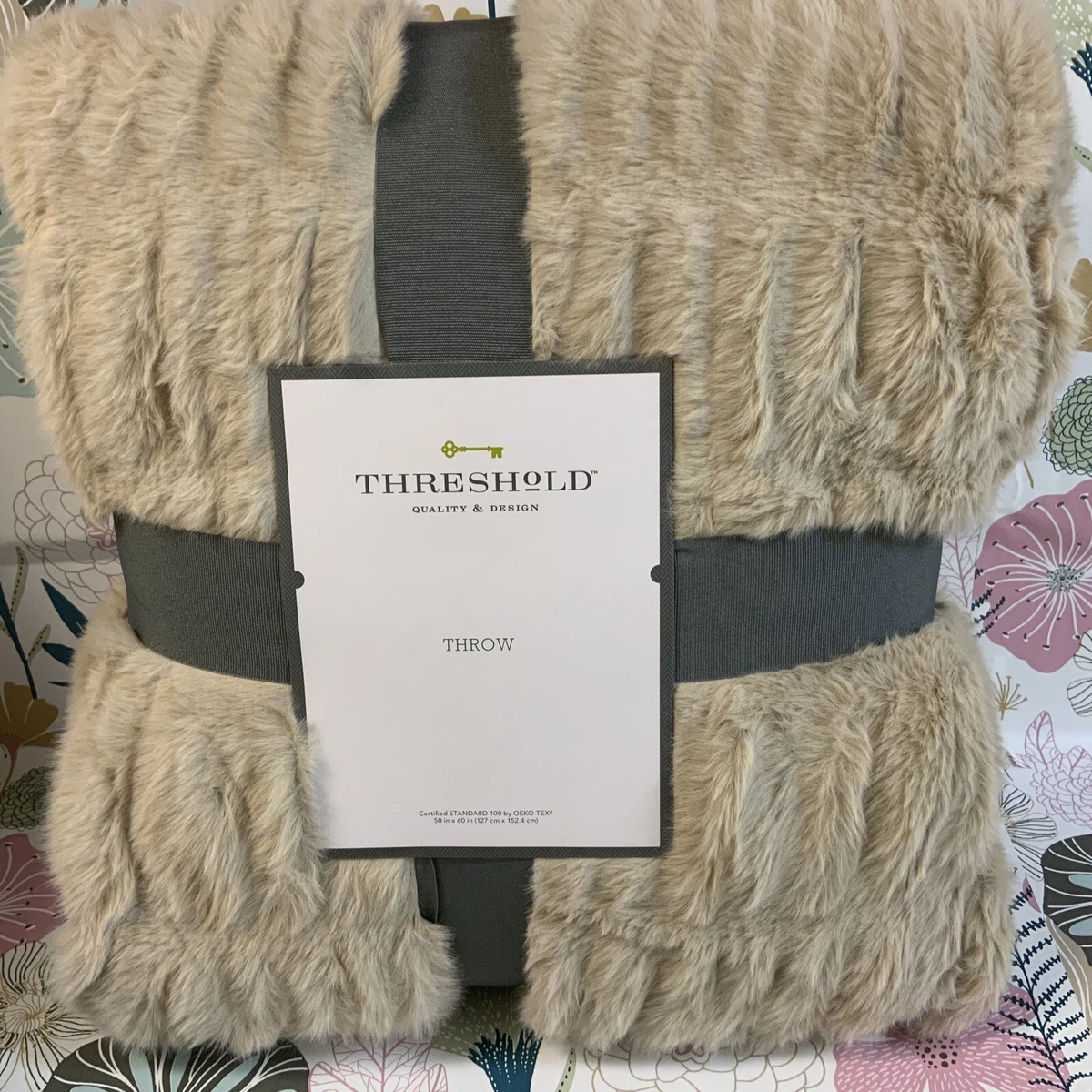 Threshold Ruched Faux Rabbit Fur Blanket TAN Brown Super Soft 50 X 60