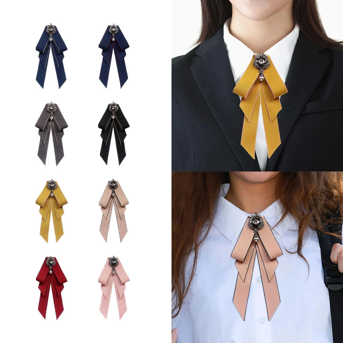 Women s Bow Tie Bowties Teens Rhinestone Adjustable Length Ribbon Formal Brooch