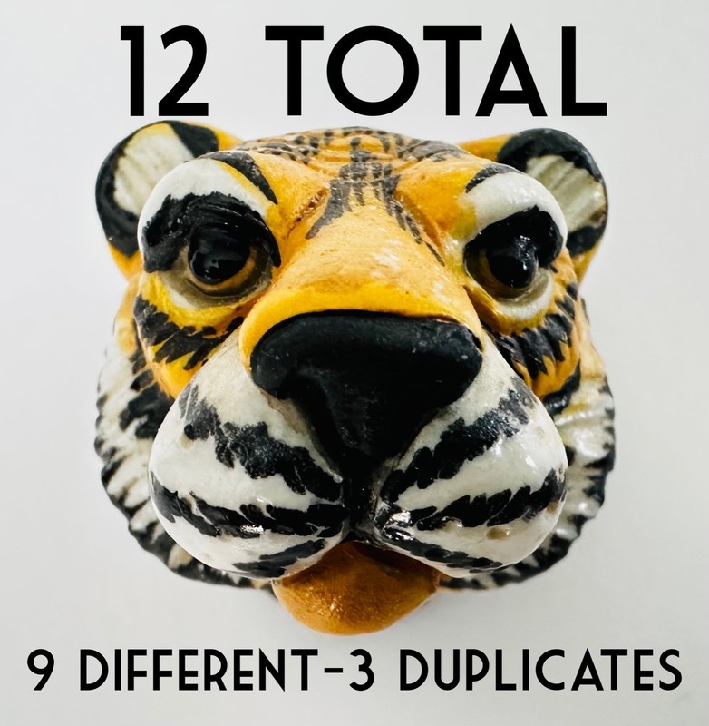 12 Hand Painted Porcelain African Animal heads with glass eyes knobs pulls