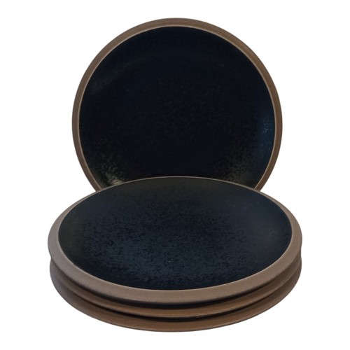 Set of 4 Dansk Santiago Black Salad Luncheon Plates 8" Brown Tan Rim Textured
