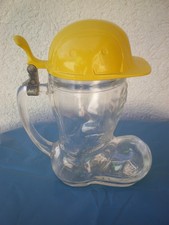 Original BMF Bierstiefel aus Glas mit gelben Metalldeckel in Bauhelmform