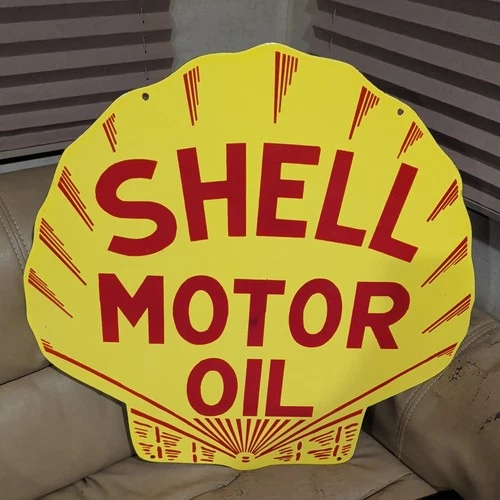Vintage Shell Motor Oil Porcelain Sign Gas Oil Cars Trucks Fishing (large)