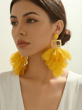 E2846 Yellow Long Organza Floral Petal Dangle Earrings One Size