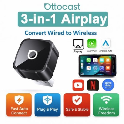 Wired to Wireless CarPlay Adapter for Apple iPhone/Android Auto/AirPlay/Miracast