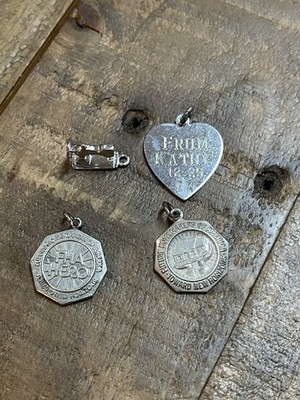 Vintage FHA Charm Lot Sewing Machine Engraved Linda Kathy  Heart Silver Tone 4pc