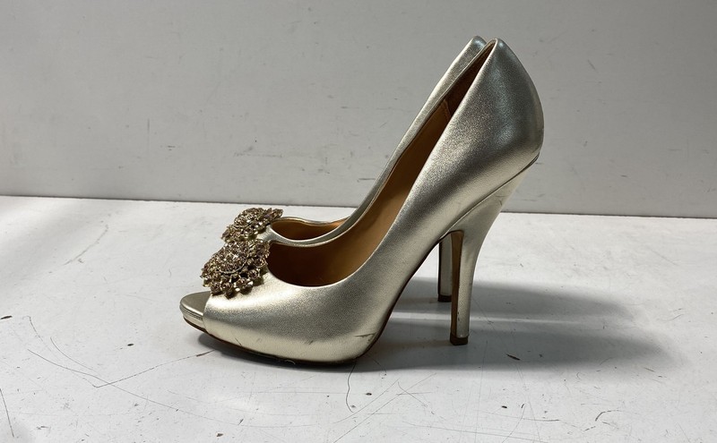 Badgley Mischka Gold Metallic Crystal Embellished Peep Toe Pumps Size 8M
