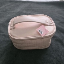 Light Pink Faux Leather Quilted Makeup Bag with Handle, Zipper and Pockets