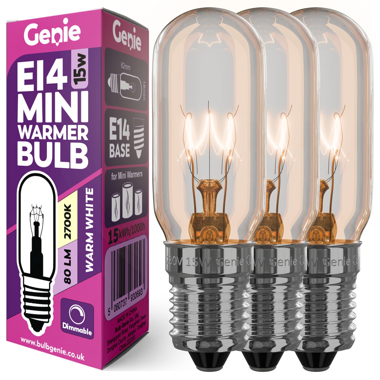 Genie 15W E14 Small Incandescent Glass Light Bulb 230V Pygmy, Warm White