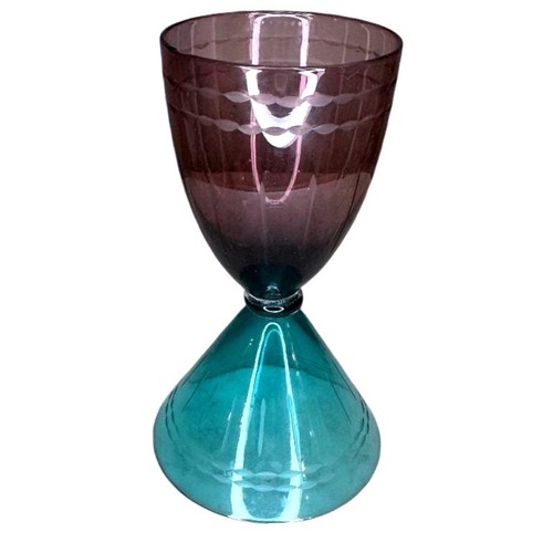 Vintage Two Tone Etched Glass Double Sided Jigger Teal Purple Barware Measure