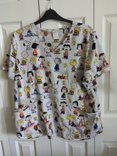 Peanuts Scrub Top XL Snoopy Charlie Brown Lucy Recycled Poly White EUC