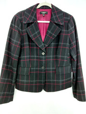 Talbots Plaid Wool Blend Two Button Blazer Size 14 Pockets Black Checked