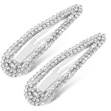 Rhinestone Hair Clip 2 Pcs Water Drop Crystal Barrettes Silver Metal Snap