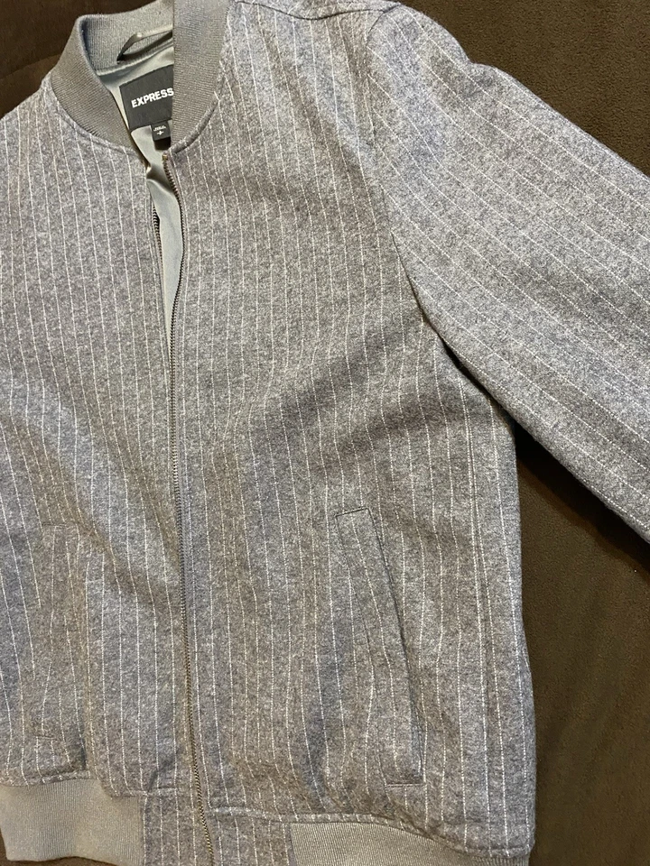 mens express Wool Blend Pinstriped Gray/white bomber jacket Small - Image 2 of 4