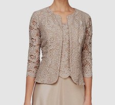 Alex Evenings Women Beige Lace Open-Front 3/4-Sleeve Jacket Coat Size 8
