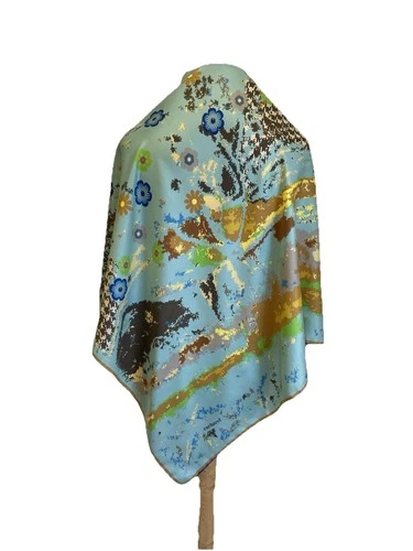 S50#Vintage Cacharel Silk Scarf Floral Abstract Print Light Blue Twill Square