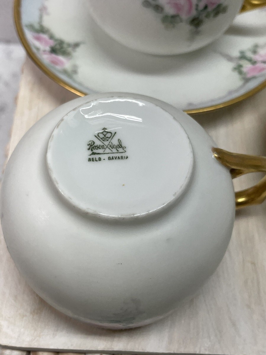 Rosenthal Selb Bavaria Cup and Saucer Set of 4 Rose Pink Blue Gold
