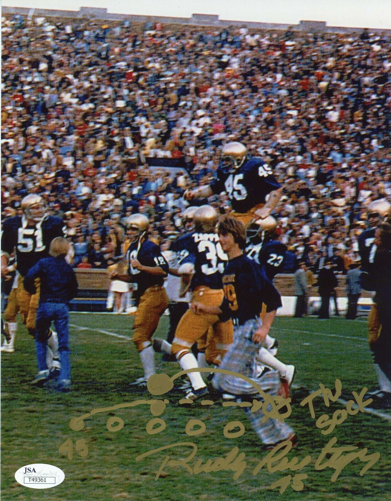 Rudy Ruettiger Autographed Signed 8x10 Hand Drawn Sack Play Inscription Photo JSA Autograph 