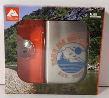 Ozark Trail 7.5oz Stainless Steel Flask Attached Cap Funnel NIB Take Trail Woods