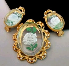 Alice Caviness Vintage Brooch Earring Set Reverse Carved Crystal White Rose