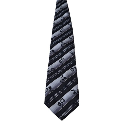 BALMAIN PARIS Mens Tie Black & Grey – Stripes & Flowers - Picture 4 of 7