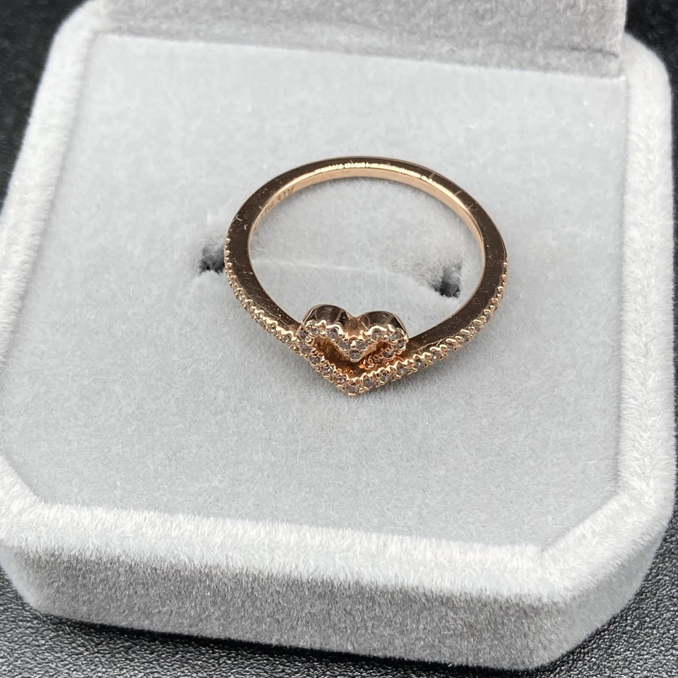 Pandora ALE MET 54 925 Oro Rosa Relleno Circonita cúbica Esparcha Wishbone Corazón Anillo Talla 6 Foto 2 de 4