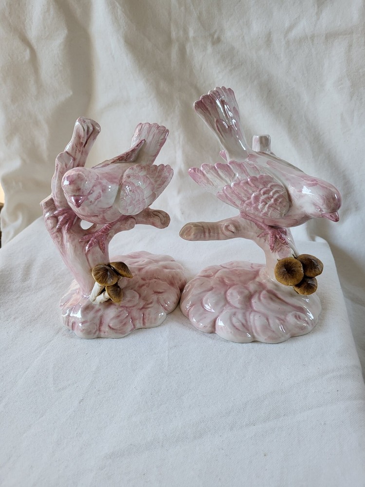 Set Of 2 Pink Birds Sitting On Branch Made In Italy