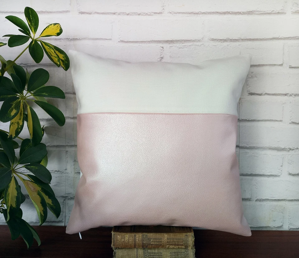 Pearlescent pink faux leather-white cotton pillow couch cushion cover 16''x16'' - Image 2 of 4