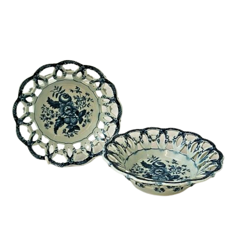 Pair of Antique Dr Wall Worcester Blue White Baskets Pine Cone Pattern 18th C