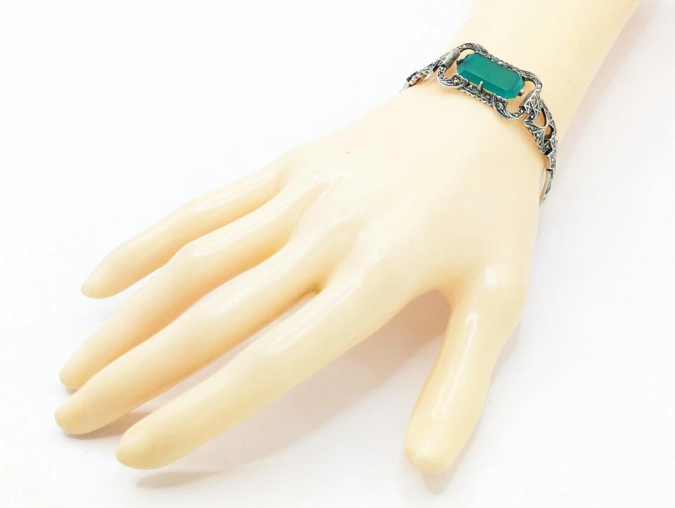 Brazalete Vintage Art Deco Grabado Esmeralda Marcasita Plata de Ley 15g Foto 3 de 4