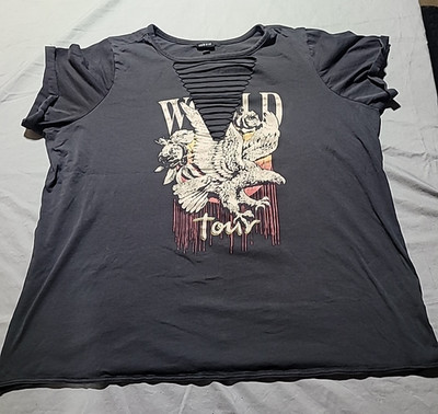 Torrid World Tour Eagle Slashed Rolled Short Sleeves Womens Black TShirt  3XL