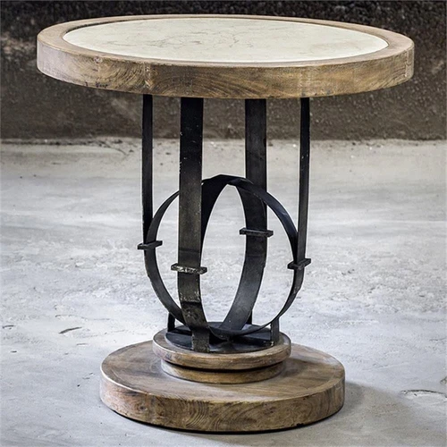 Uttermost Sydney 24" Round Metal Wood Stone Top Accent Table in Light Oak - Picture 2 of 6