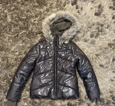 New Calvin Klein Big Girls Metallic Chevron Puffer Hooded Jacket Size 7