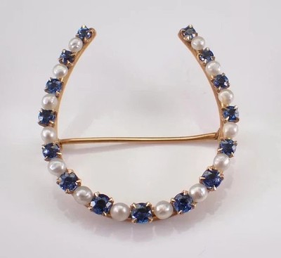 14K Yellow Gold Plated 2Ct Round Cut Lab Created Sapphire Horseshoe Brooch Pin