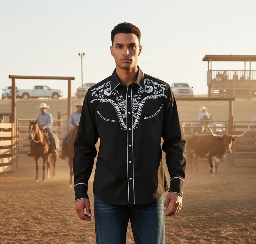 New Western Rodeo Cowboy Americana Embroidered Poplin Button Down Shirt L Black