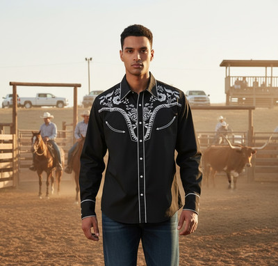 New Western Rodeo Cowboy Americana Embroidered Poplin Button Down Shirt L Black