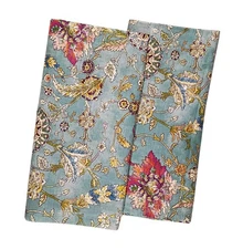 World Market Genevieve Aqua Floral Cotton Sleeve Lined Curtains 2 Panels 48x84 