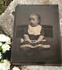 Civil War Era Photo 1800s Baby Girl with Bib Scalloped Paid Dress TinType
