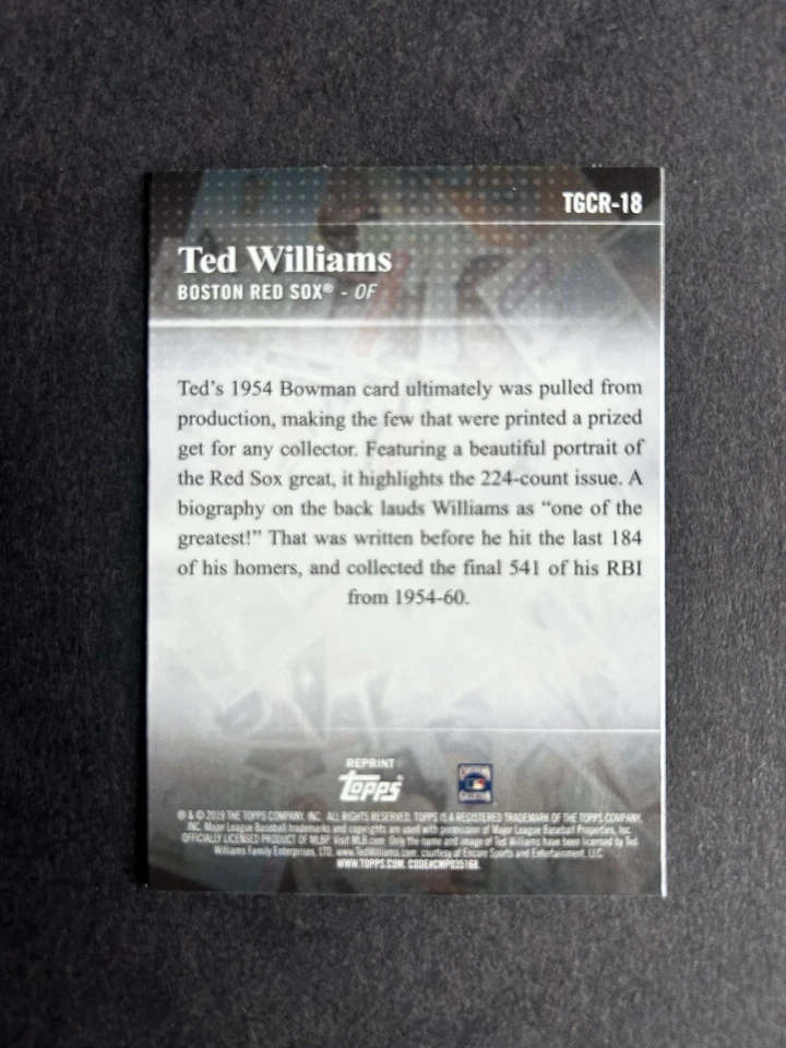 Ted Williams 2019 Topps Greatest Card Reprints '54 Bowman RP Refractor - TGCR-18 Foto 2 de 2