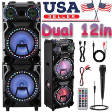 Dual 12" Wooden Bluetooth PA Speaker Karaoke System Heavy Bass Rechargeable Mic