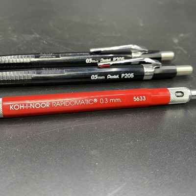 Vintage Koh-I-Noor Rapidomatic 5633 Red 0.3mm & 2 Pentel P205 0.5mm Drafting Set