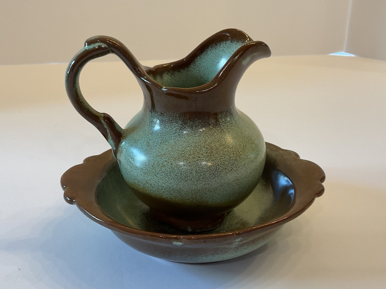 Vintage Frankoma Art Pottery Prairie Green 40A & 40B Bowl Basin & Pitcher Set