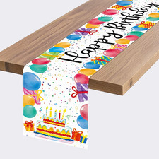 White Happy Birthday Table Runner, Colorful Balloon Kitchen Dining Table Decorat