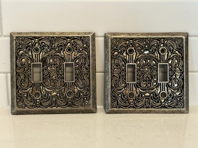 TWO -Vintage Heavy Gold Bronze Brass Double Toggle Light Switch Plate Wall Cover
