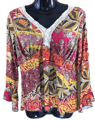 j.t.b. Blouse Top Womens Medium Orange Red Bell Sleeves Stretchy Dressy Casual