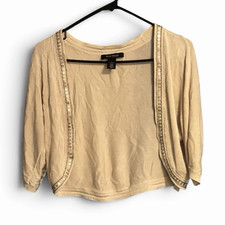 White House Black Market Women  s L Beige Knit Beaded Open Bolero Shrug Sweater