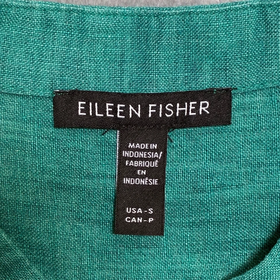 Eileen Fisher Organic Linen Band Collar Short Sleeve Button Up Blouse S Green - Image 4 of 4