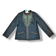 NEW Chicos Denim Jacket Size 2, US 12/14 Heritage Beaded Pockets Long Sleeves