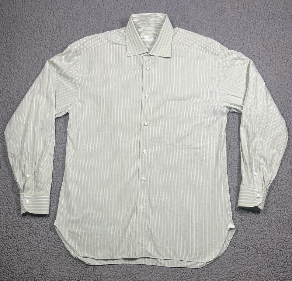 Camisa Borrelli Napoli Para Hombres 16 41 Verde Rayas Hecha en Italia Algodón Vestido Clásico Foto 2 de 4