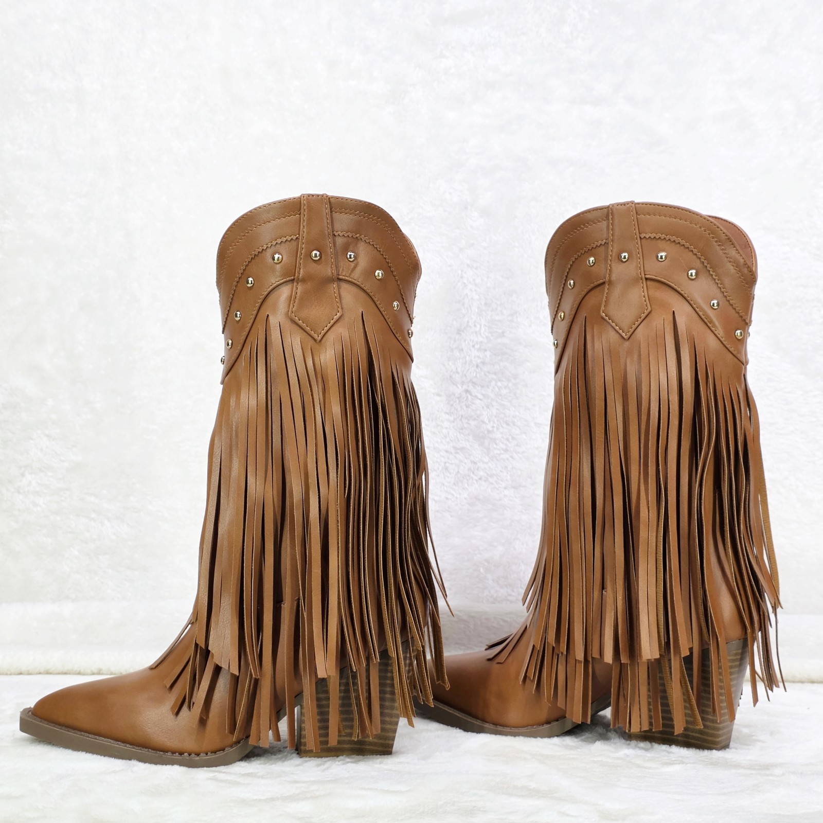 Boundary Tan Faux Leather Layered Fringe Country Western Cowgirl Boots