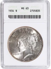 1934 Peace Silver Dollar ANACS MS63 Old Soapbox Holder